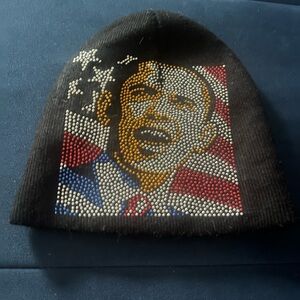 Vintage Barack Obama Beanie (2008) with Rhinestone Portrait and American Flag
